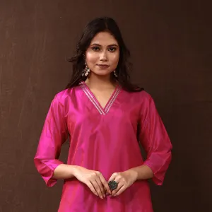 Pink Gota Work Pure Silk Plain Long Kurta